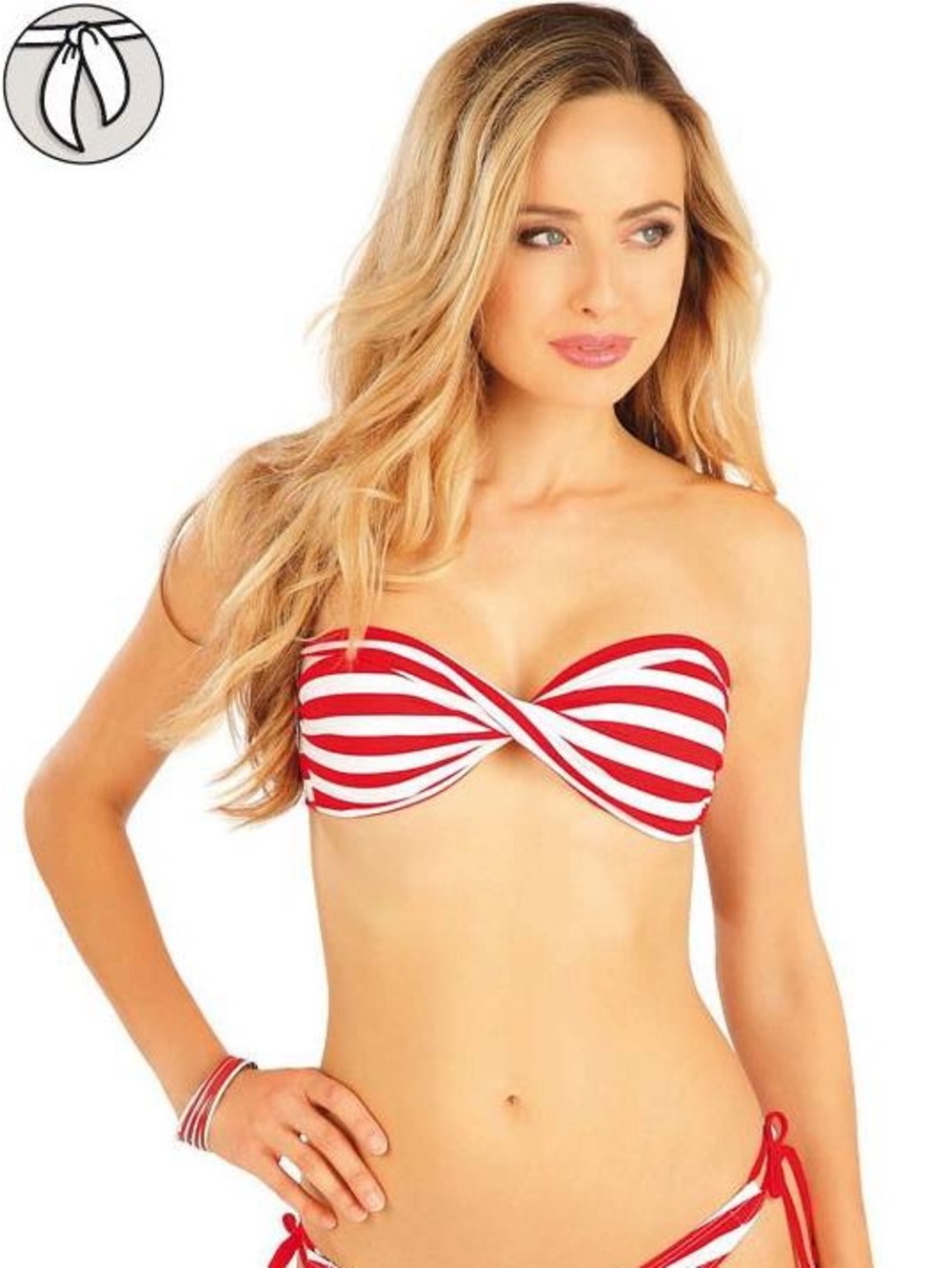 Red and White Striped Bandeau Bikini Top with a Central Twist